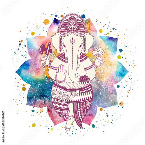 A drawing of Ganesha in mandala or lotus flower with bright colorful watercolor texture and paint splashes. Hand drawn illustration for print, poster, printing.