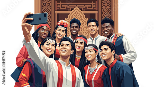 Low Poly Diverse group of friends taking a selfie together in traditional clothing