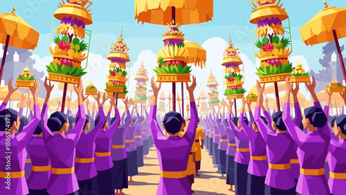 Low Poly Balinese people in traditional purple attire carrying offerings during a religious ceremony