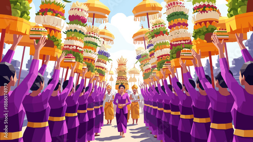 Low Poly Balinese procession with offerings and traditional attire, a vibrant cultural celebration