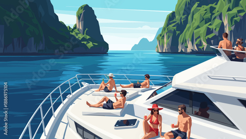 Low Poly People relaxing on a luxury yacht sailing through a scenic tropical bay