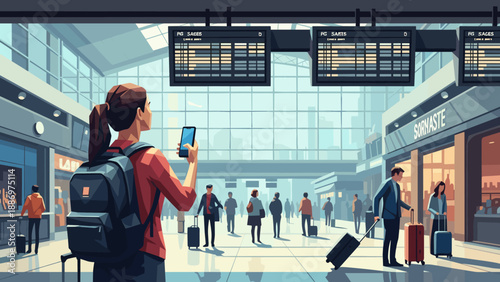 Low Poly Woman with backpack and phone checks flight information board at busy airport terminal