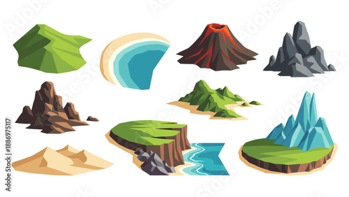 Low Poly Collection of stylized isometric landscapes and natural elements for game design