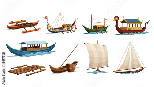 Low Poly Collection of diverse traditional boats and watercraft from around the world