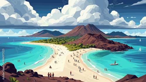 Low Poly Vibrant tropical island beach with turquoise waters and distant volcanic mountains