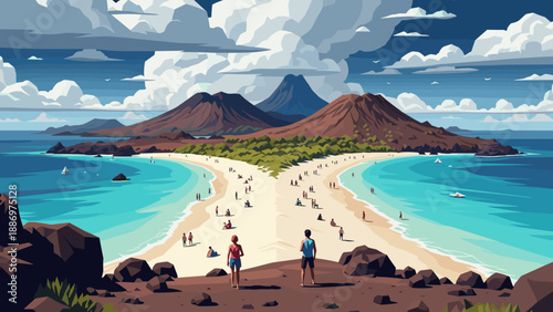 Low Poly Scenic tropical island with two beaches and volcanic mountains under a cloudy sky