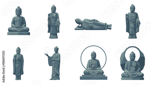 Low Poly Collection of diverse Buddha statues in various meditative and standing poses