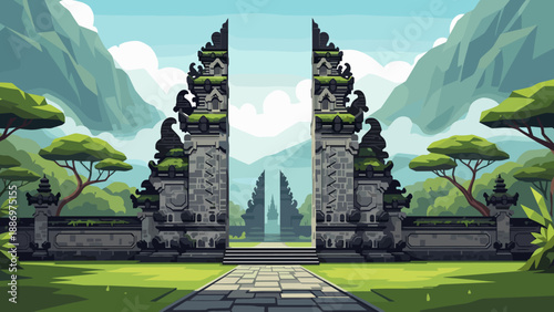 Low Poly Iconic Balinese Candi Bentar Gate Entrance to a Tropical Landscape
