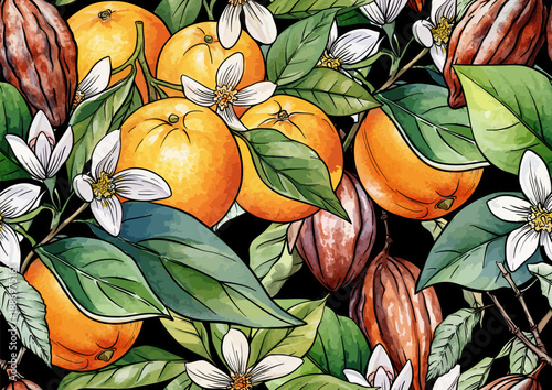Oranges, cacao pods, and blossoms seamless botanical pattern. Hand-drawn fruits, botanical branches, leaves, flowers for vintage textile, wallpaper, kitchen, and food design. 