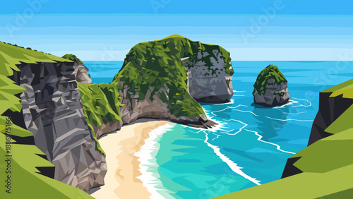 Low Poly Geometric low poly tropical island beach with cliffs and turquoise ocean waves
