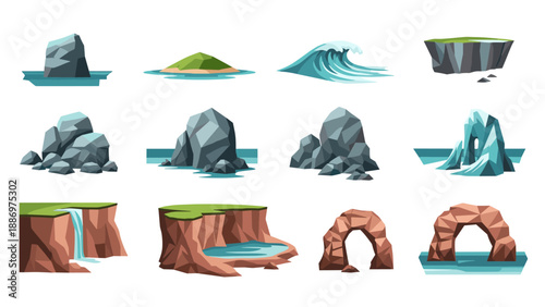 Low Poly Collection of stylized natural landscape elements for game design and illustration