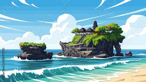 Low Poly Iconic Balinese temple perched on a cliff overlooking the ocean waves and sandy beach