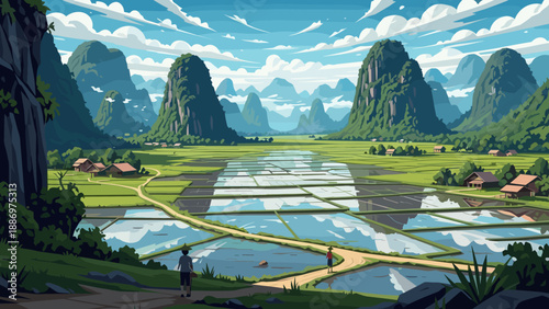 Low Poly Serene rice terraces and karst mountains under a cloudy blue sky, a picturesque rural landscape