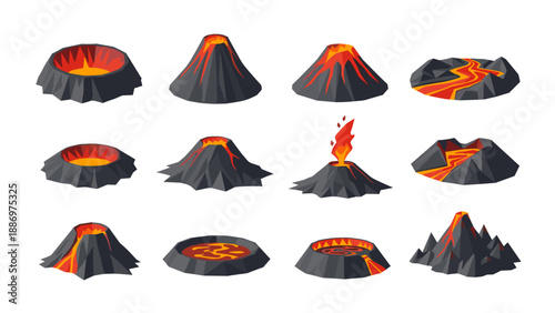 Low Poly Collection of stylized volcanoes with lava and eruptions, flat design elements