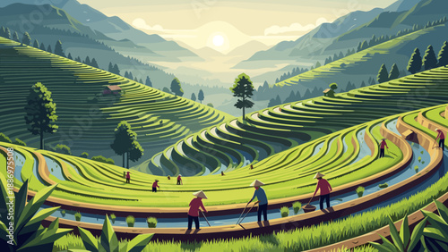 Low Poly Farmers tending to lush green rice terraces on a misty mountain landscape at sunrise