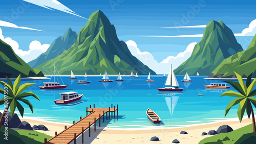 Low Poly Tropical bay with sailboats and lush green mountains under a clear blue sky