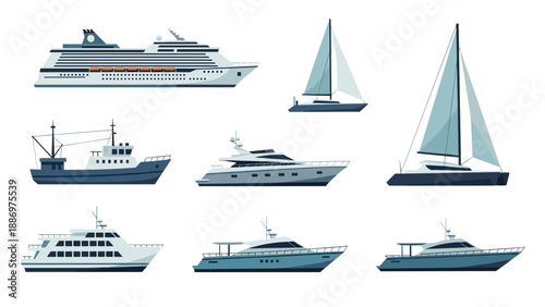Low Poly Collection of various watercraft including cruise ship, yachts, sailboats, and fishing boat