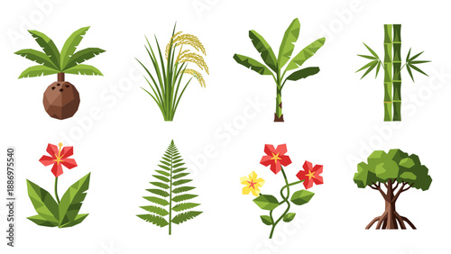Low Poly Collection of stylized tropical plants and flowers in a low-poly geometric art style