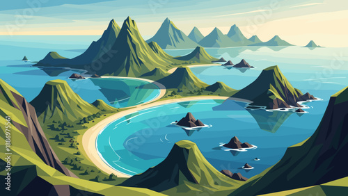Low Poly Stylized illustration of a serene tropical island landscape with lush green mountains and clear blue water