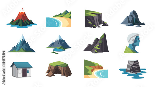 Low Poly Collection of stylized natural landscapes and geological formations in flat design