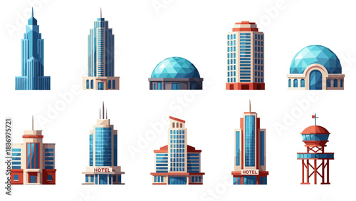 Low Poly Collection of diverse modern and classic architectural building designs on white background