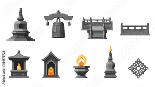 Low Poly Collection of traditional East Asian architectural elements and religious symbols