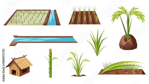 Low Poly Collection of rice cultivation elements including paddies, bamboo, and traditional hut