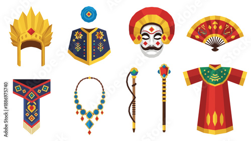 Low Poly Collection of traditional Indonesian cultural attire and accessories, flat design