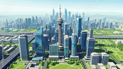 Low Poly Modern city skyline with tall skyscrapers and a central observation tower