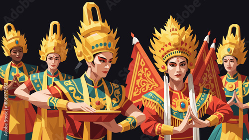 Low Poly Traditional dancers in ornate golden headdresses and colorful costumes perform a ritual