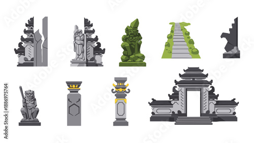Low Poly Collection of Balinese architectural elements and statues in a flat design style
