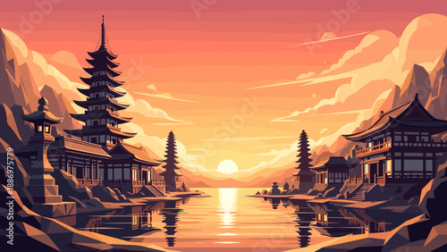 Low Poly Serene Japanese pagodas reflect in calm water at sunset with dramatic orange sky