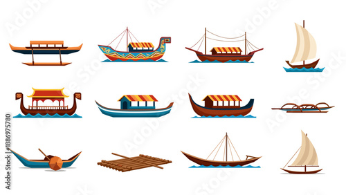 Low Poly Collection of diverse traditional boats and watercraft from various cultures