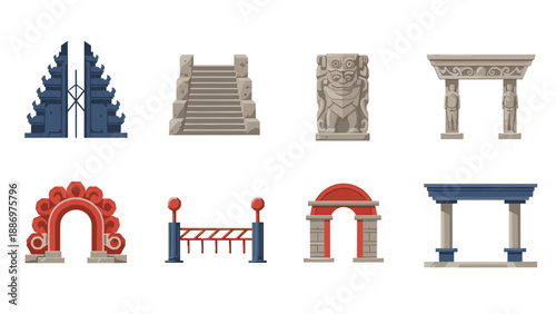 Low Poly Collection of diverse architectural gates, arches, and stone carvings from various cultures