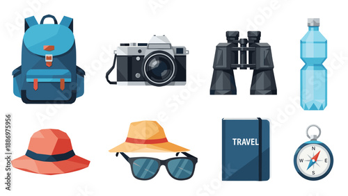 Low Poly Collection of travel essentials including backpack, camera, binoculars, hat, sunglasses, notebook, and compass