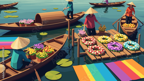 Low Poly Vietnamese flower market scene with boats and vendors selling colorful floral arrangements
