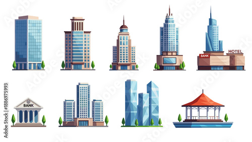 Low Poly Collection of diverse modern and classic buildings, including skyscrapers, a bank, and a hotel