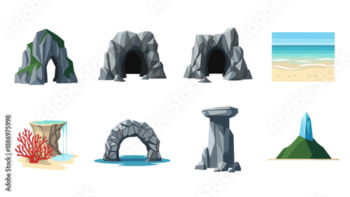 Low Poly Collection of stylized natural rock formations and coastal elements