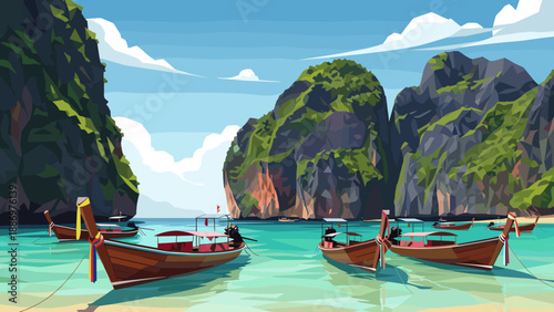 Tropical beach paradise with boats and cliffs in low poly art style