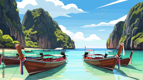 Tropical paradise: scenic longtail boats in emerald bay with limestone cliffs