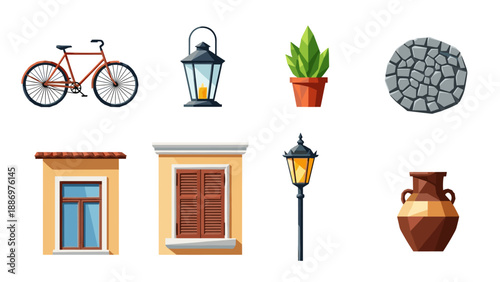 Colorful urban elements: bicycle, lantern, plants, architecture, and pottery