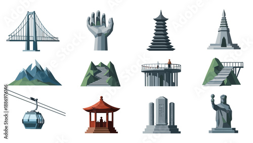 Iconic landmarks and structures: monuments, bridges, and mountains in modern style