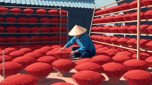Low Poly Traditional incense making process with a worker in a conical hat drying red incense sticks