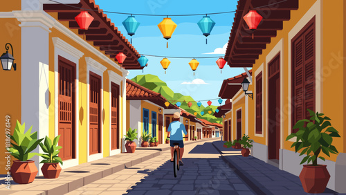 Charming street with colorful lanterns and cyclist in tropical town