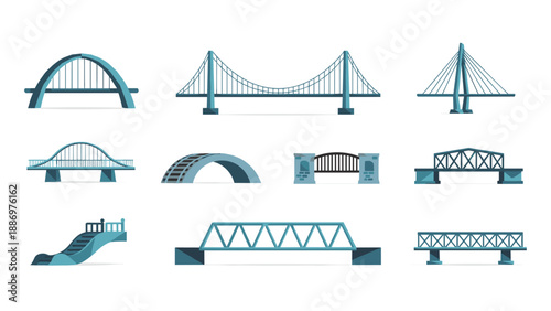 Low Poly Collection of diverse bridge designs in a flat, modern illustration style