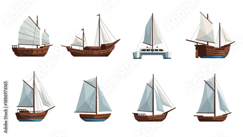 Low Poly Collection of various sailing vessels, from ancient junks to modern catamarans