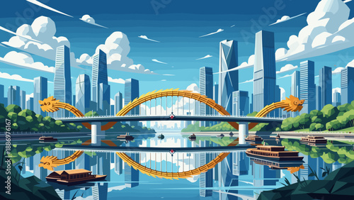 Dragon bridge with modern city skyline and scenic river reflection in daylight