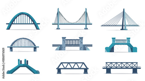 Low Poly Collection of nine different bridge types in a flat, modern illustration style