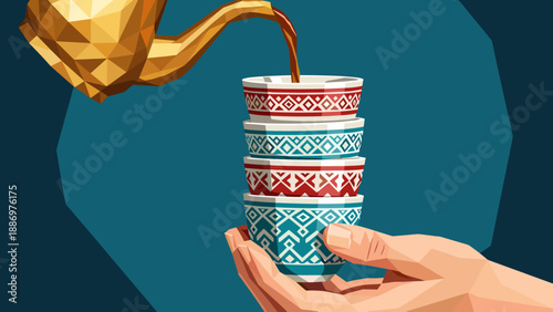 Low Poly Traditional Arabic coffee being poured from a dallah into a stack of finjan cups