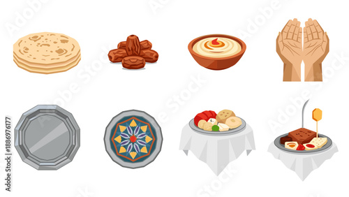 Ramadan food and traditions: symbols of celebration in flat design